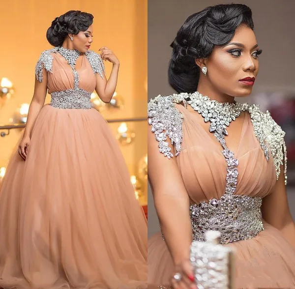 

Luxury African Evening Dresses Beaded Crystal Evening Gowns Tulle A Line Long Formal Prom Dress Plus size 2020 robe de soiree