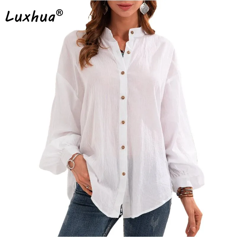

Women Loose Long Sleeve Solid Color T-Shirts Oversize Button Down Tops Casual Office Ladies Shirts Autumn Cotton Linen Shirts