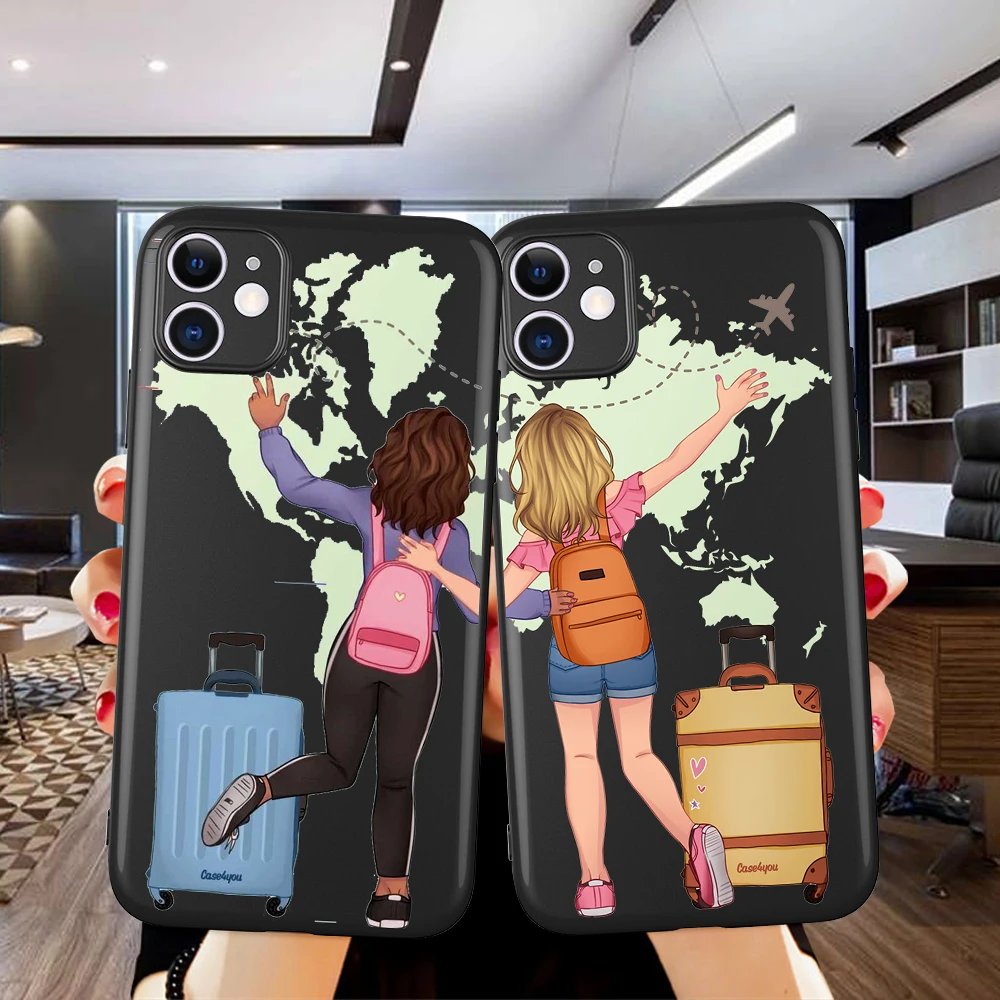 

Travel fundas Friends Sisters Girl Fashion World Map Phone Case for IPhone 12 Mini 5 6 6S 7 8 SE Plus X XS XR 11 Pro Max Cover