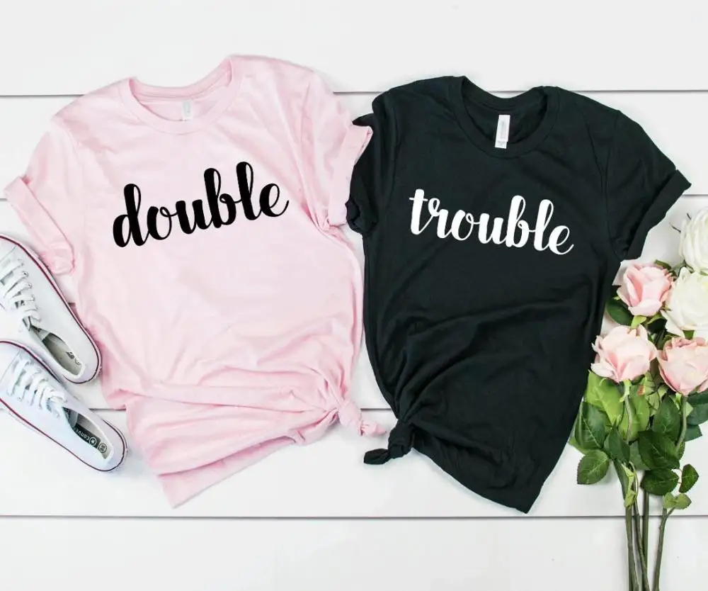 

Double Trouble Best Friend Gift Girl Women Tshirts Fashion Letter Print Cotton Shirts O Neck Casual Shirt Short Sleeve Top Tees