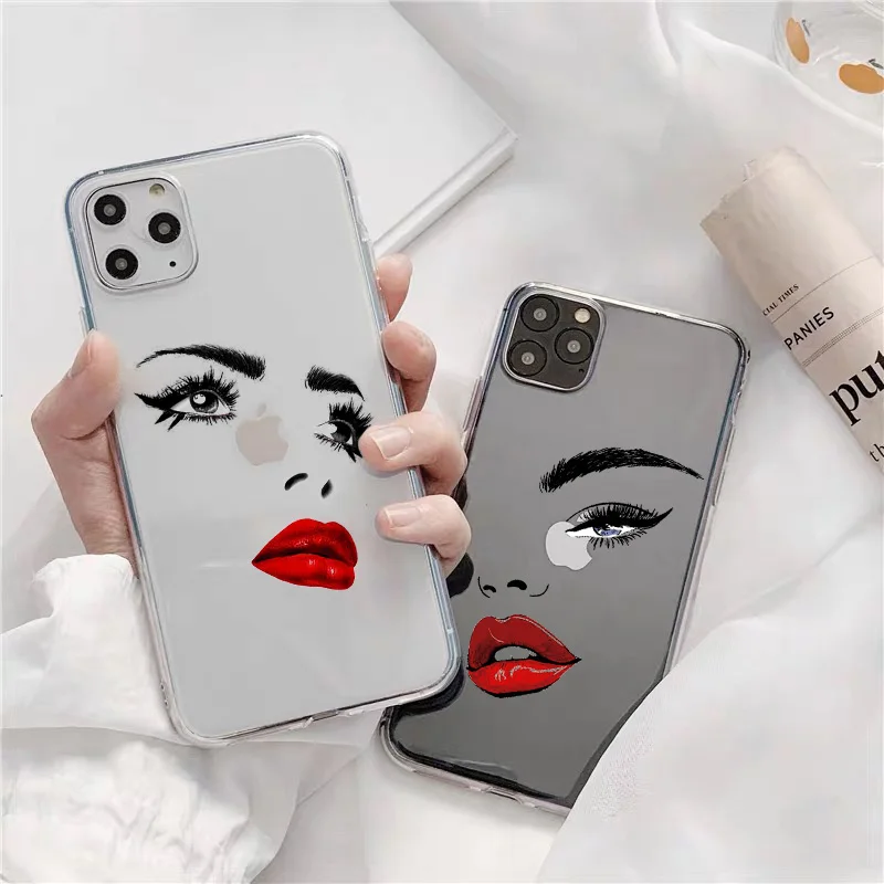 

Beauty Face with Red Lips Phone Case For iPhone X XR XS Max 8 7 Plus SE 2 Case For iPhone 11 12 13 Pro Max Mini Clear Back Cover