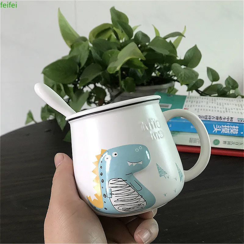 

Korean Cute Cartoon Dinosaur Mug Children's Ceramic Stereo Breakfast Milk Cup With Spoon Mugs Coffee Cups