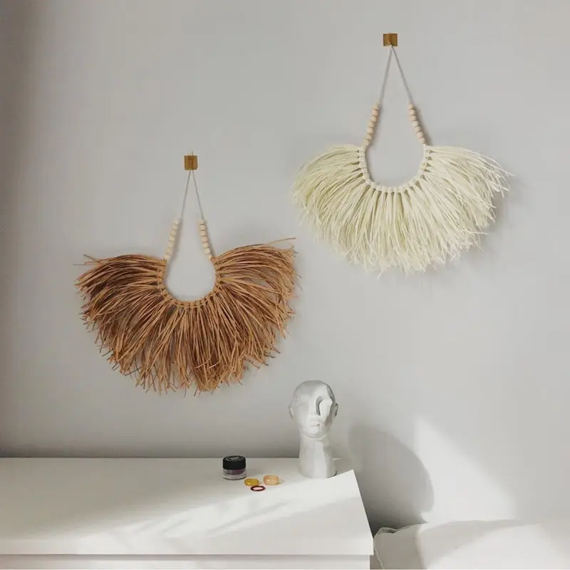

INS Retro Wooden Beads Straw Wall Hanging Decoration Rustic Farmhouse Ornament for Living Room Home Decor Handcraft Photo Props