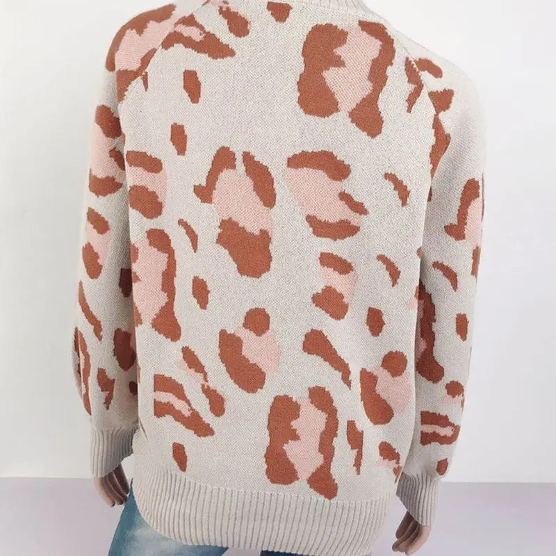 

Womens Autumn Lantern Sleeve Knitted Sweater Vintage Leopard Print Loose Pullover Tunic Tops Turtleneck Casual Jumper New