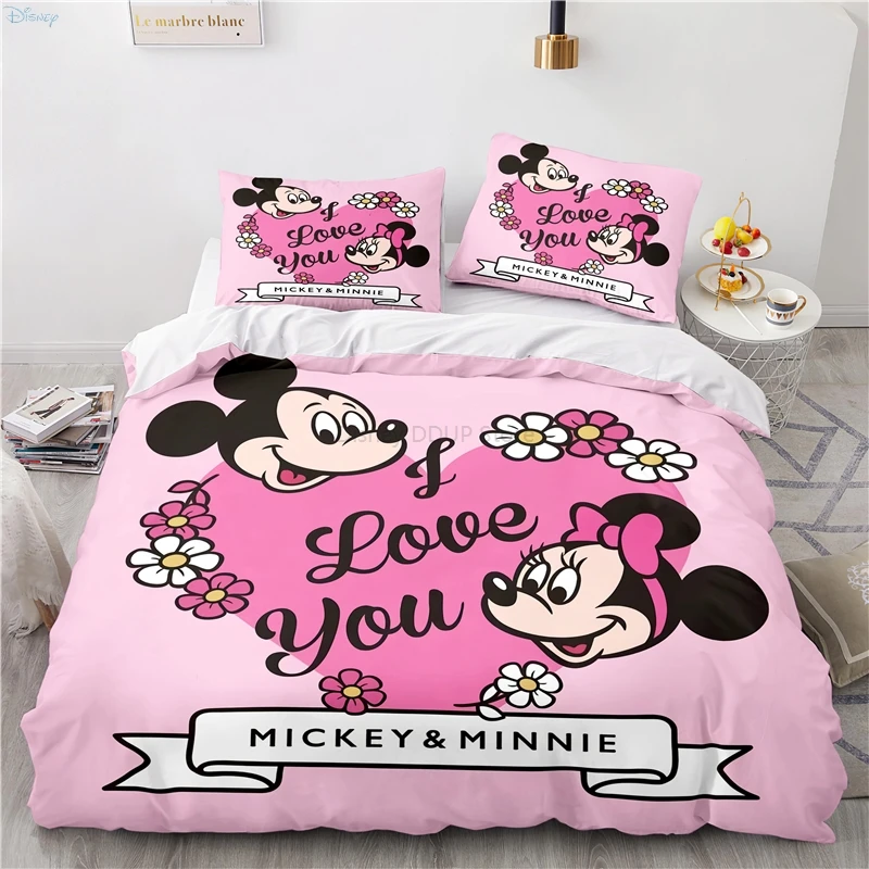 

Fashion Disney Couples Lovers Duvet Cover Set with Pillowcase 3D Mickey Mouse Minnie Mouse Pattern Bedding Set for Bedroom Decor