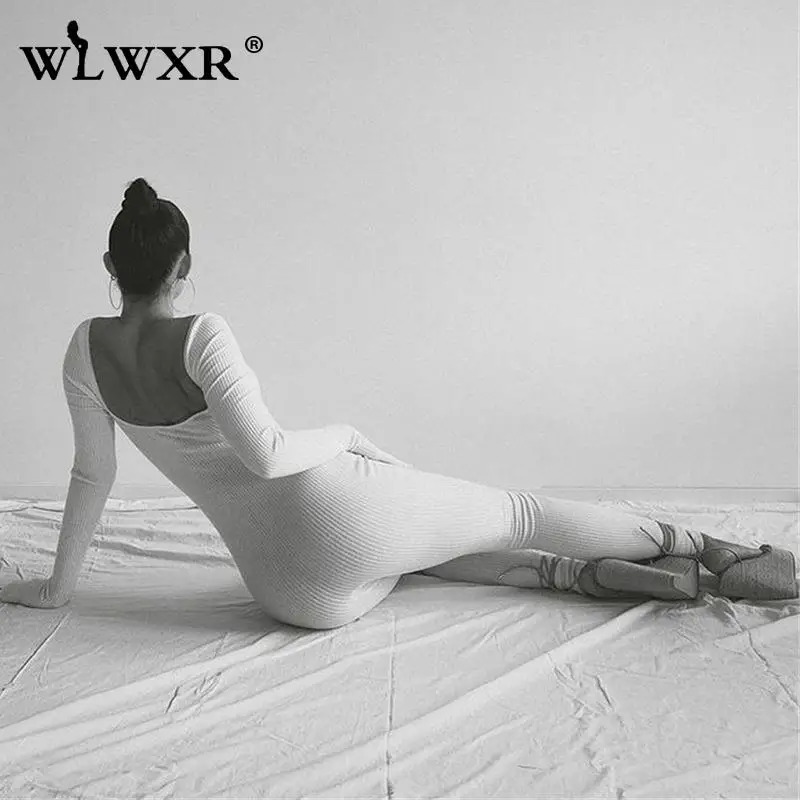 

WLWXR Autumn Streetwear White Ribbed Jumpsuit Women Backless One Piece Outfit Black Square Collar Long Sleeve Bodycon Jumpsuit