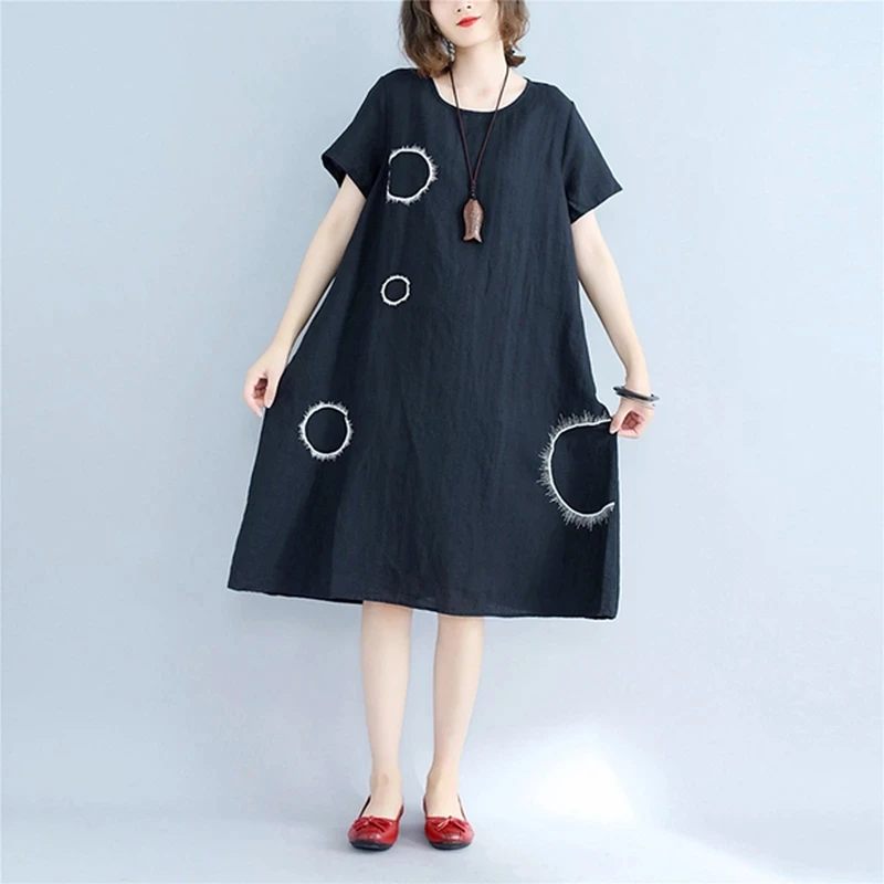 

Cotton Linen Fashion Polka Dot Black Women Summer Dress Loose Casual Elegant Clothes 2021 Chic Ladies Dresses Sundress