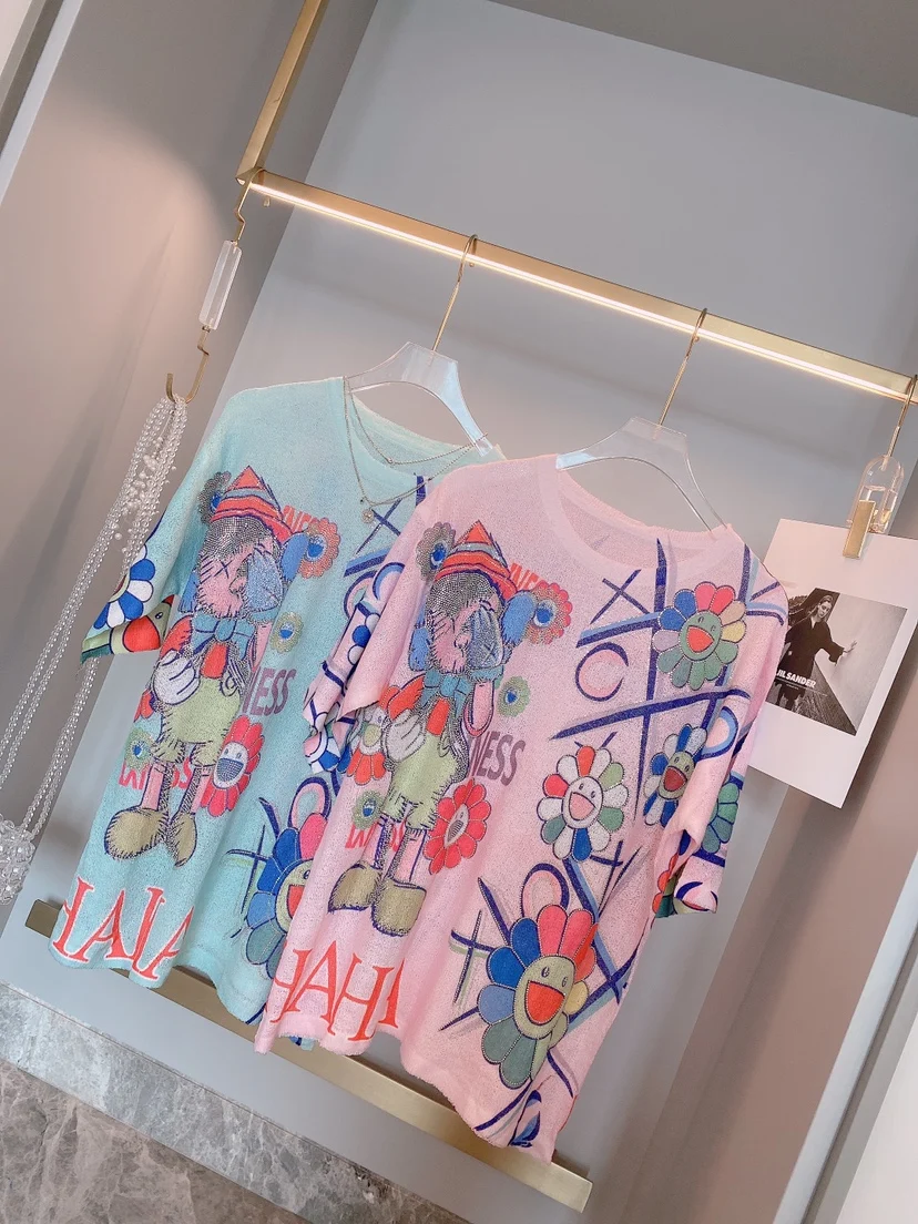 

New Style Rhinestone Short Sleeve T-shirt 2021 Spring New Loose Pullover Ice Silk T-shirt Women's Clothing