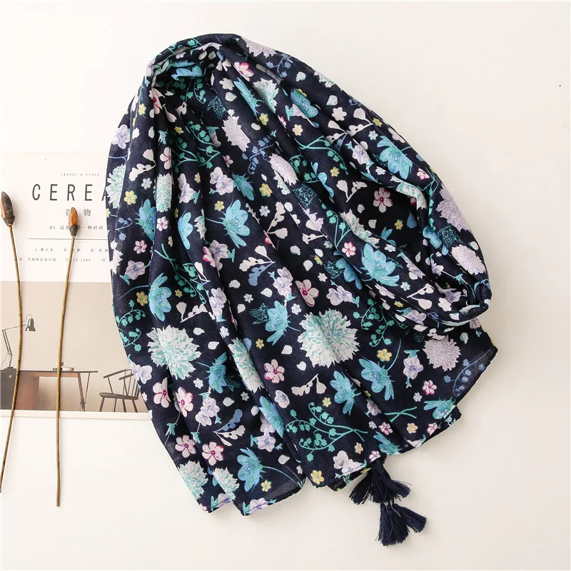 Retro literature and art national style Tibetan blue color flowers messy cotton linen hand scarf warm sunscreen silk touri |