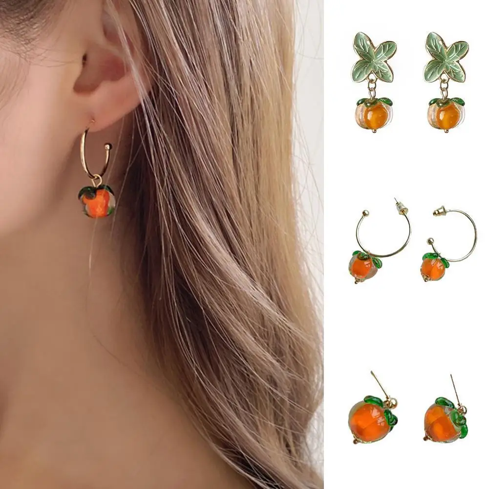 

S925 Silver Needle Persimmon Wishful Persimmon Earrings Retro Cute Colored Glaze Leaf Chinese Style Earrings Ear Clip Wholesale