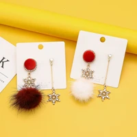 korean fine crystal snowflake mink hair ball long drop earrings jewelry for women fashion temperament asymmetry dangle earring