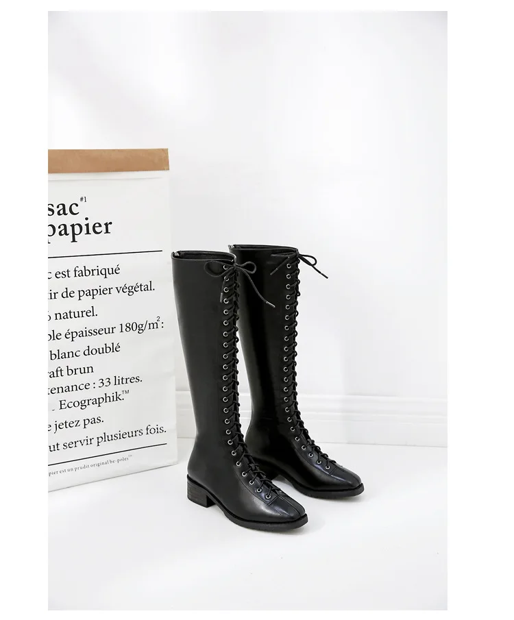 Botas Mujer; сапоги до колена с перекрестной шнуровкой; женские рыцарские сапоги martin; botines; обувь в стиле ретро на шнуровке, на массивном каблуке; зимняя кожаная обувь