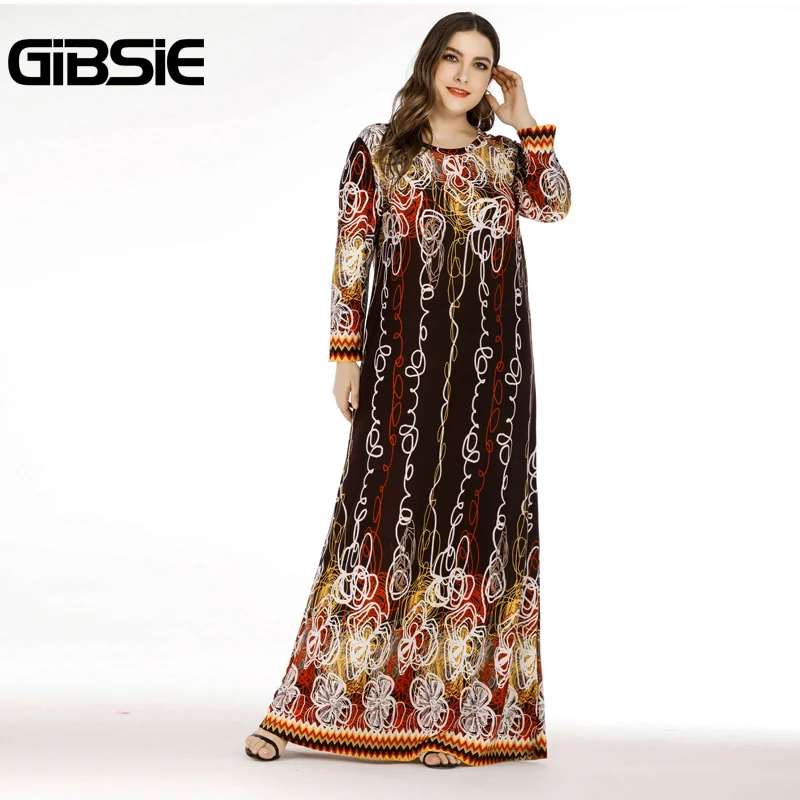 

GIBSIE Elegant Vintage Print Abaya Muslim Dress Plus Size 3xl 4xl 5xl 6xl Women Autumn Winter O-Neck Long Sleeve Maxi Dresses