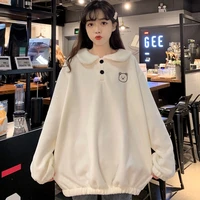 korean style women sweatshirt long sleeve print pullover polo collar 2021 autumn winter tops fleece thick female kawaii clothes