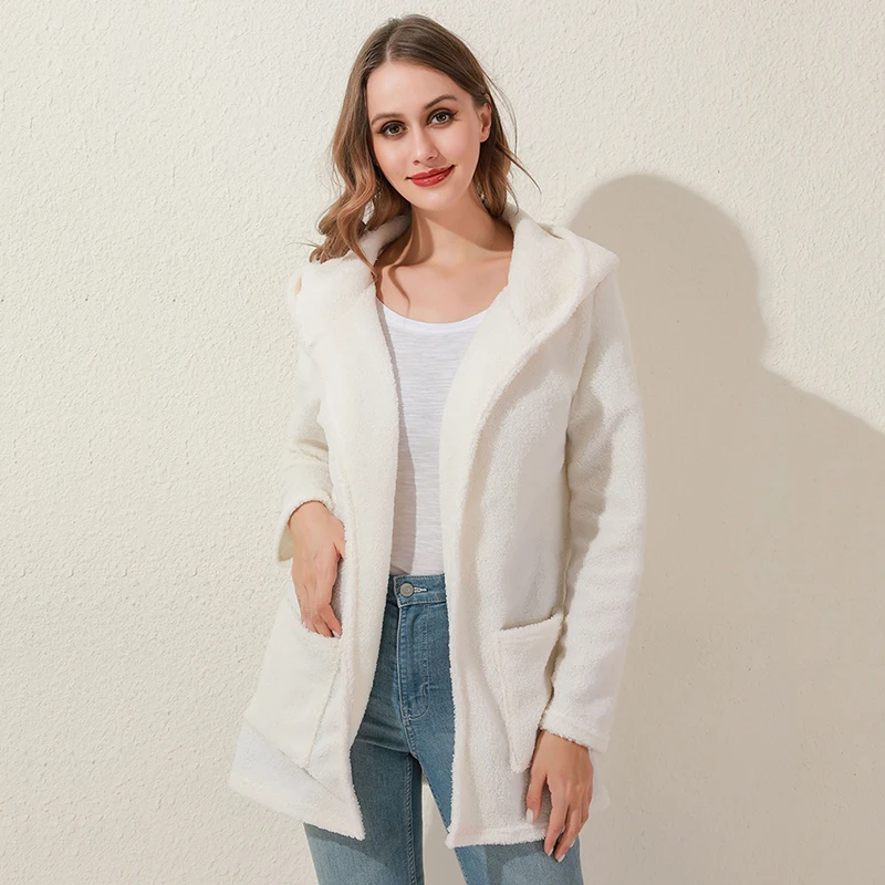 2020 Женские флисовые толстовки с капюшоном на молнии однотонные карманами пальто