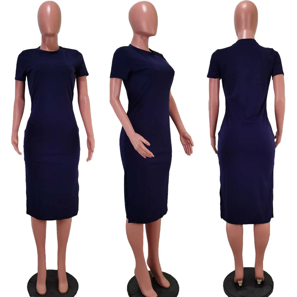 

Side High Split Casual Slim Fit Dresses for Women Round Neck Short Sleeve Clubwear Dress Summer Solid High Waist Mid Calf Dress