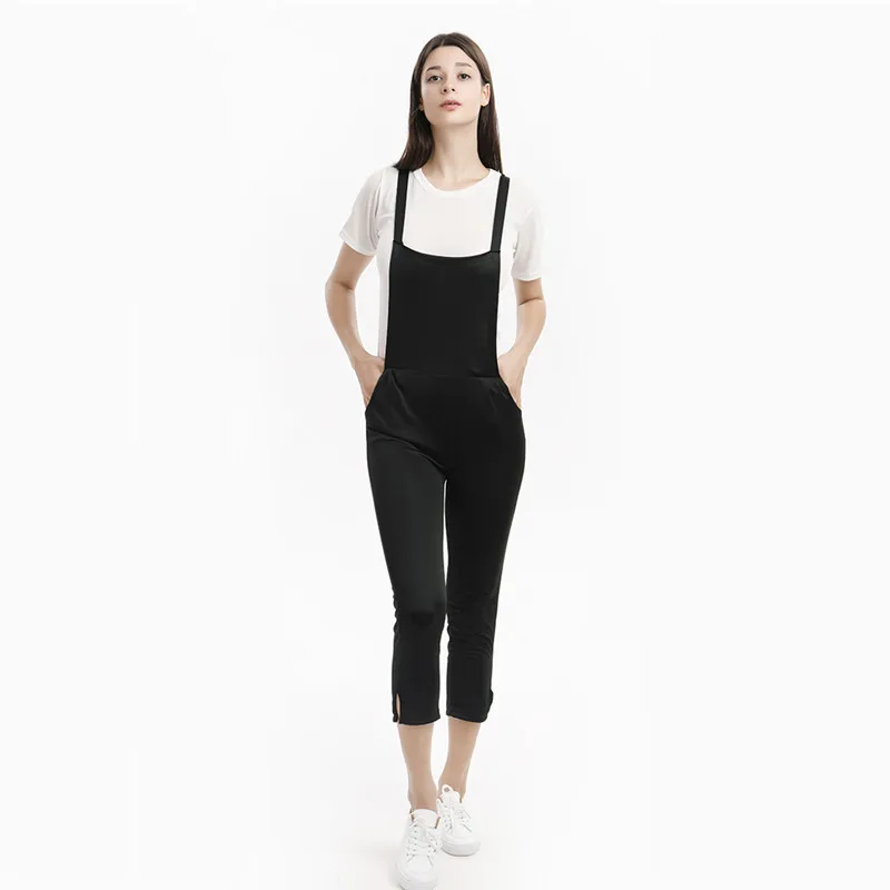 Women Vintage Overalls Femme Jumpsuits Ankle Length Solid Color Casual Split Jumpsuits With Pockets Long Trousers