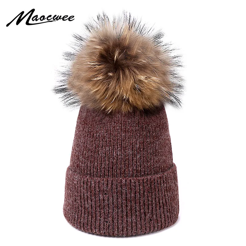 

Winter Pom Pom Hats For Women Men With Hole Elastic Warm Wool Knitted Outdoor Female Beanies Trend Solid Color Real Fur Bonnets
