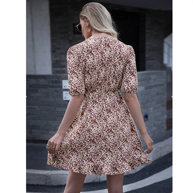 

Leosoxs 2021 New Sumemr Sexy V Neck Half Sleeve Boho Women's Dress Fashion Casual Bohemia Print Empire Hollow Out Ladies Dresses