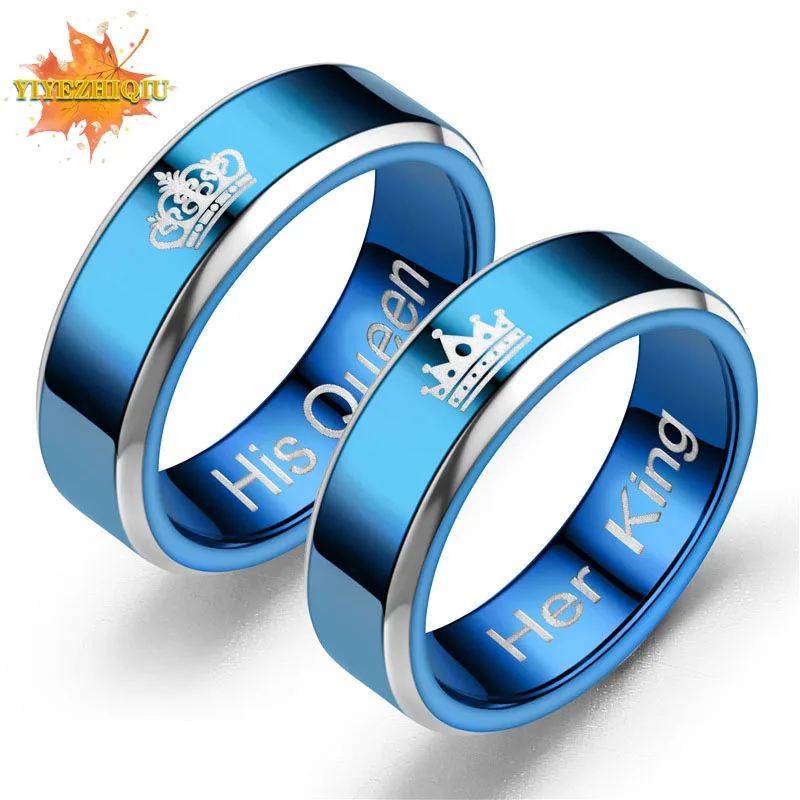 Новинка 2020 модные свадебные синие кольца парные из нержавеющей стали Her King и His Queen