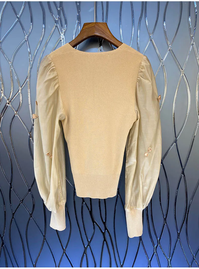 

High Quality Women's New Style Bow Knot Mesh Sleeve Stitching Knitted Waist Top Sweater Vest