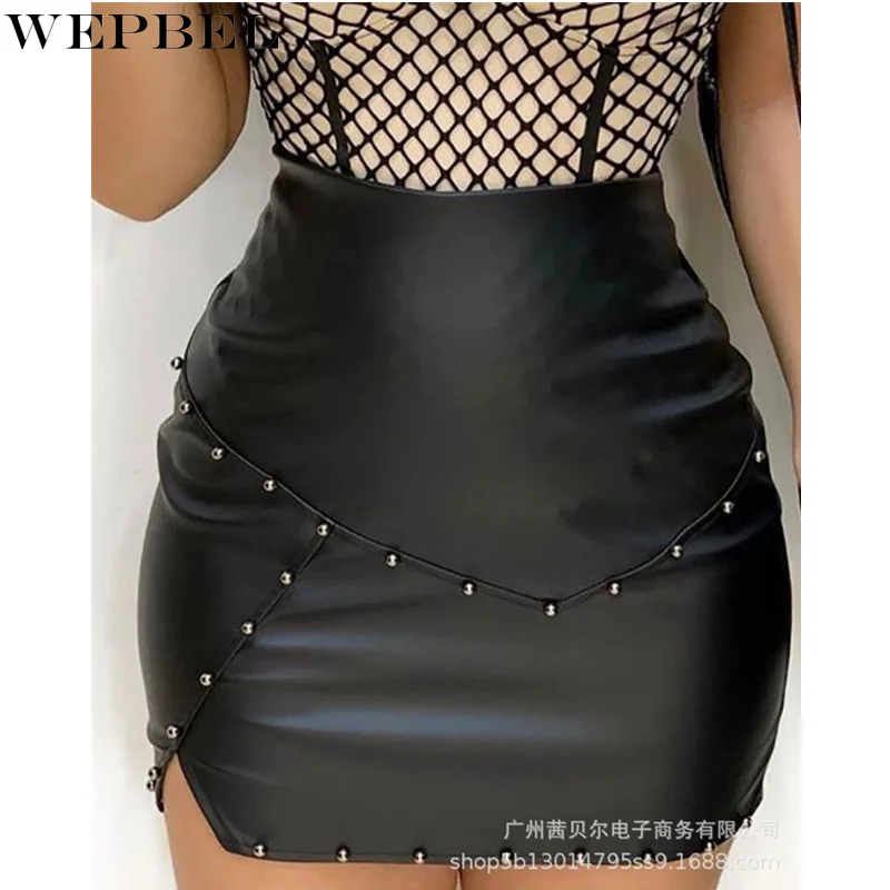 

WEPBEL Women's Sexy Rivet Bodycon Skirt Ladies Elegant Fashion High Waist Patchwork Slim Fit Slit Pencil Skirt