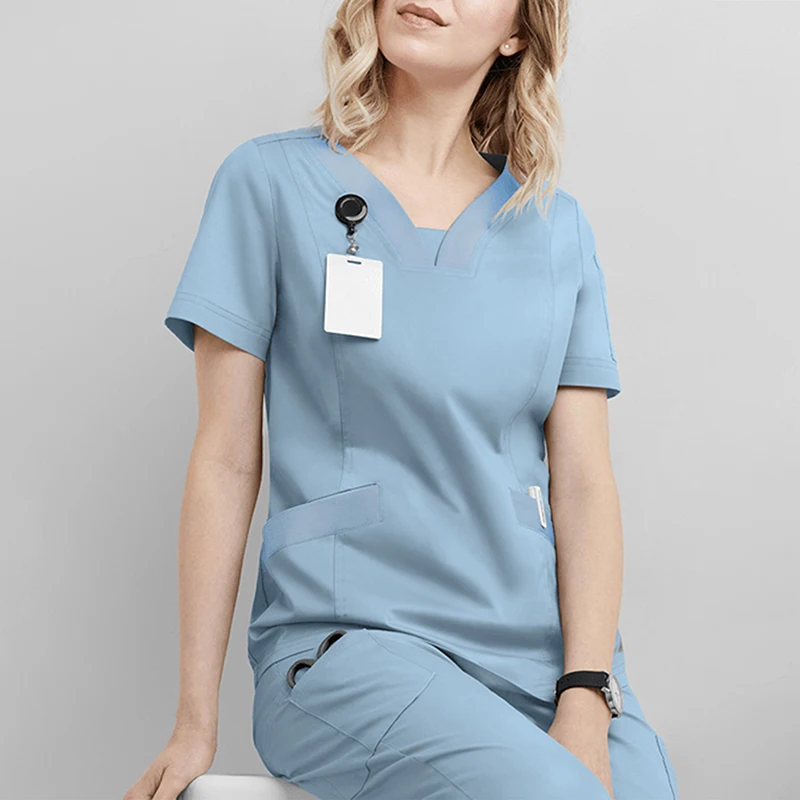 

1 Sets Women's Uniform V Neck Solid Skin Manage Work Clothes Spa Scrub Short Sleeve Nurses Healthcare Tunic Therapist Workwear