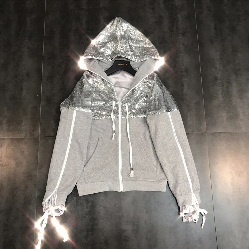 Женский Блестящий спортивный костюм с блестками куртка на молнии капюшоном и