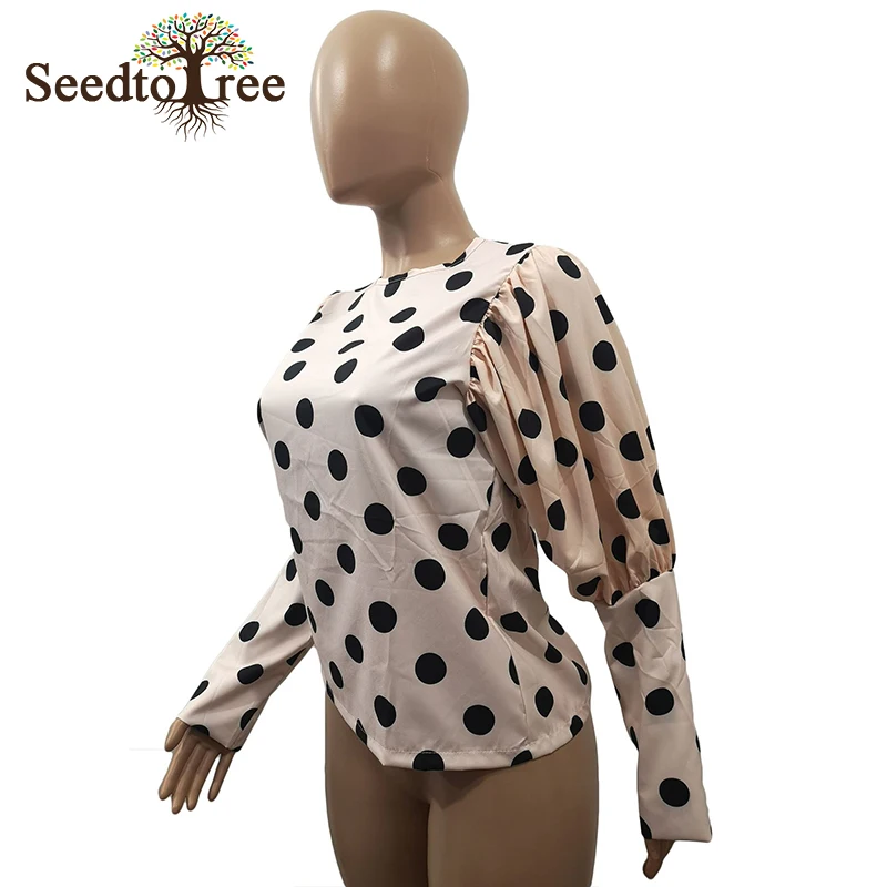 

Dot Print Puff Long Sleeve Casual Autumn Blouses Women Round Neck Back Zipper Stretchy Blouse Tops Streetwear