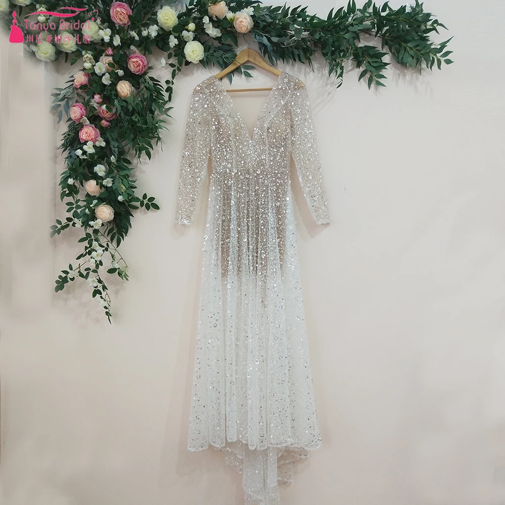Блестящие Свадебные платья с блестками сексуальные иллюзионные длинным рукавом