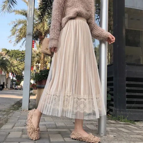 Осенняя бархатная юбка TingYiLi с тюлем кружевная бежевая синяя розовая Черная