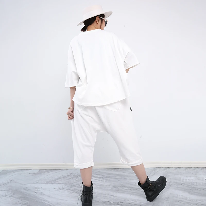 

[EAM] Wide Leg Pants Print Big Size Two Piece Suit New Round Neck Three-quarter Sleeve Women Fashion Summer 2021 1DD719000