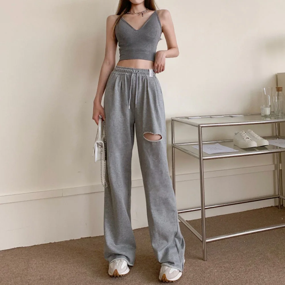 2022 повседневные спортивные брюки женские летние широкие с дырками свободные