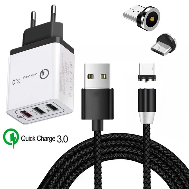 EU charger and cable Магнитный Магнит Micro USB зарядный кабель для передачи данных для samsung S4 S6 S7 край A7 A6 J4 J6 J7 Neo J5 Pro QC 3,0 Быстрая зарядка USB Зарядное устройство - Тип штекера: EU charger and cable