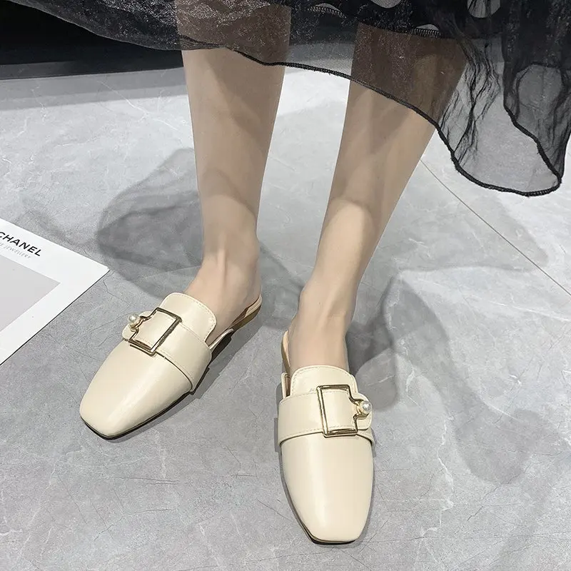 

Square Toe Slippers Women Summer Female Shoes Luxury Slides Mules Sexy Low Rivet 2021 Block Designer Basic Metal Decoration PU R