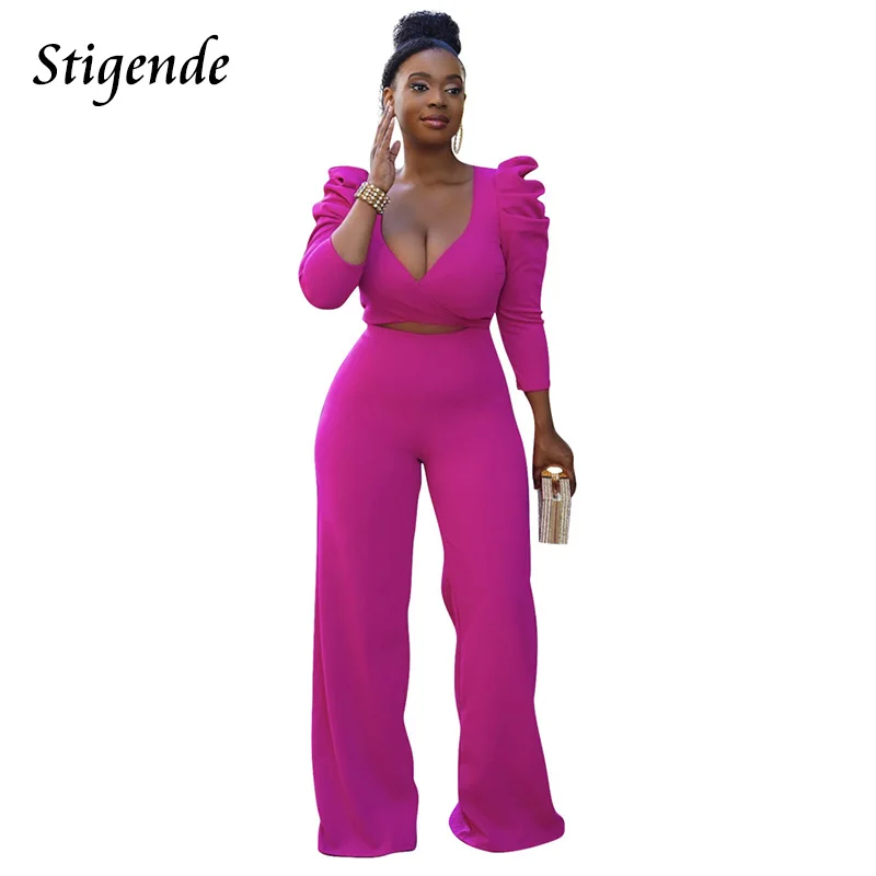 

Stigende Women Solid Color 2 Piece Set Outifit Bandage V Neck Puffy Sleeve Crop Top and Wide Leg Pants Elegant Two Piece Set