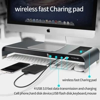 aluminum vertical monitor stand riser with 4 usb ports and wireless charger support data transfer for computer pc and laptops