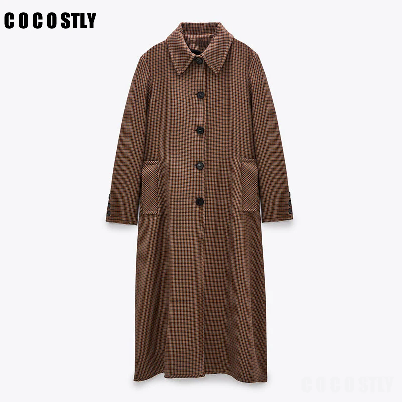 

Winter Coat Women 2020 Fashion Houndstooth Loose Fitting Long Coat Vintage Long Sleeve Side Pockets Female Outerwear Overcoat