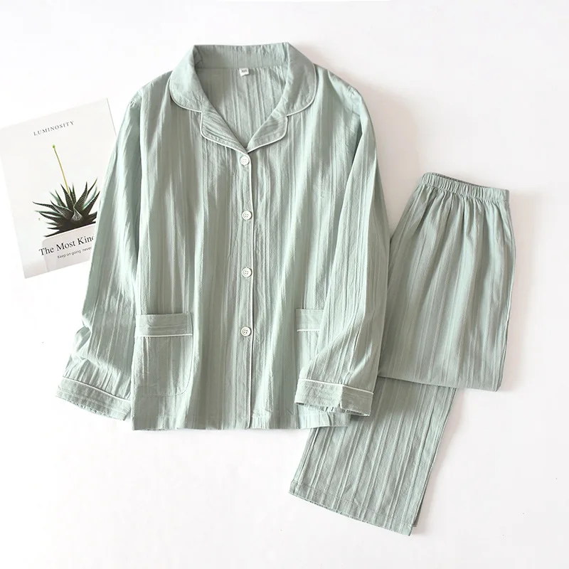 

Women Spring Pure Cotton Long Sleeve Pajamas Turn-down Collar Striped Pyjamas Loungewear Sleepwear Home Clothes Plus Size 2piece