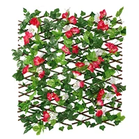 retractable artificial wooden fence with artificial flowers leaves screening expanding trellis privacy screen fence garden decor