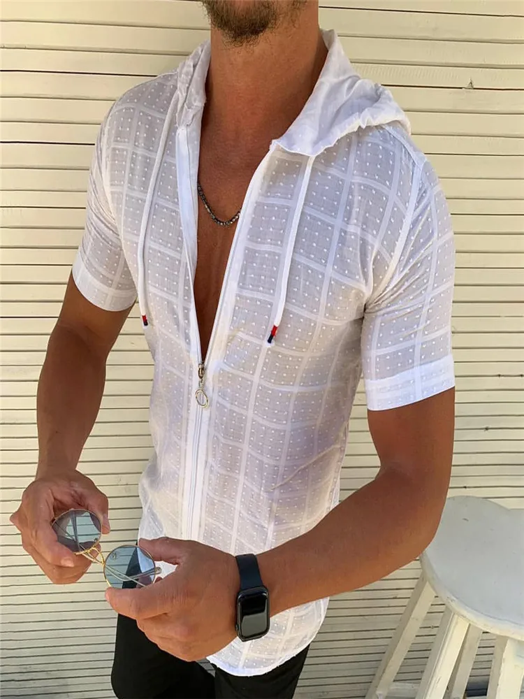 

Man Casual Plaid Short Sleeved Hoodie Zipper T Shirt Male Clothing Spring Summer Solid Color Fashion Print Open Stitch Clothing