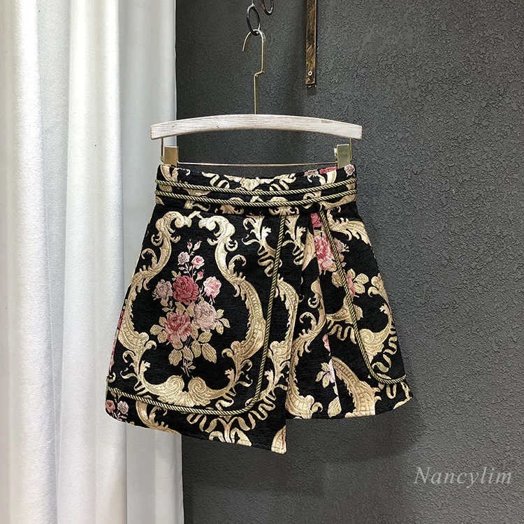 Woman Skirt 2021 Spring New Retro Heavy Industry Jacquard Fake Two-Piece High Waist A- Line Mini Skirts Female Clothes