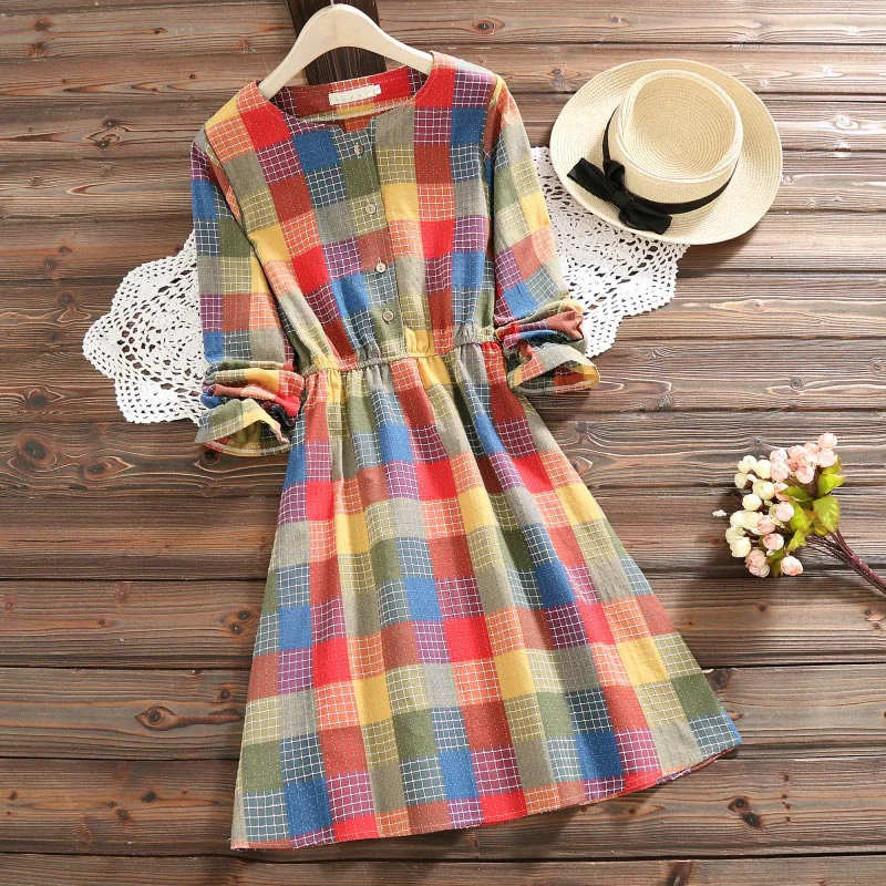Plaid Dress Trytree осеннее женское платье, повседневное цветное клетчатое платье с круглым вырезом и пуговицами, платье-рубашка с эластичной талией, ТРАПЕЦИЕВИДНОЕ ПЛАТЬЕ до колен, офисное платье для девушек - Цвет: Plaid Dress