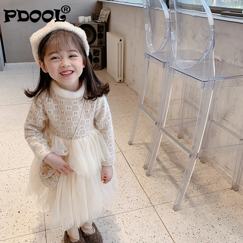 

Girls Dress 2021 Winter Long Sleeve Knit Lace Plus Velvet Thick Princess Dress Outfit Kids Clothing Birthday Party Dress