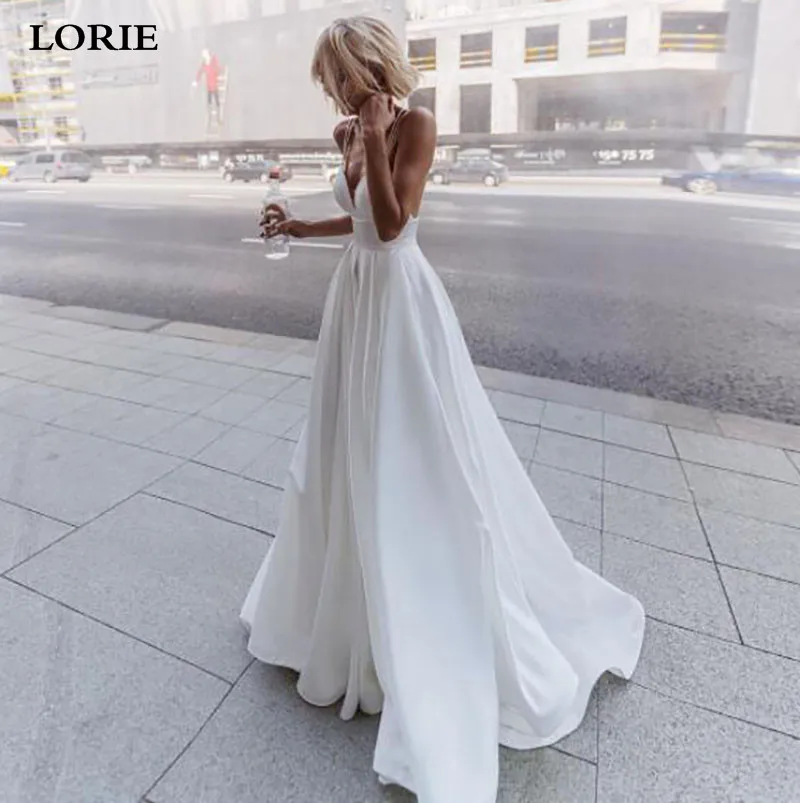 

LORIE Slik Satin A Line Wedding Dresses Beach Spaghetti Straps V Neck Bride Gowns 2021 Abito Da Sposa Backless Wedding Gowns