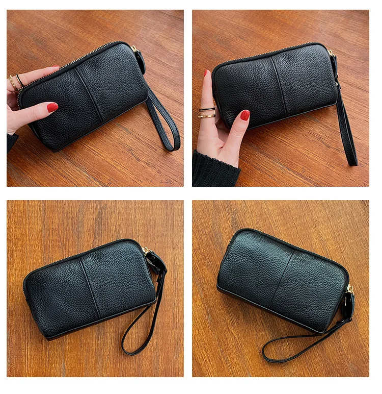 Genuine Leather Women Wallet Zipper Lining Purses For Ladies Wristlet Bag Lady Clutch Coin Purse Cowhide Mobile phone bag black images - 6