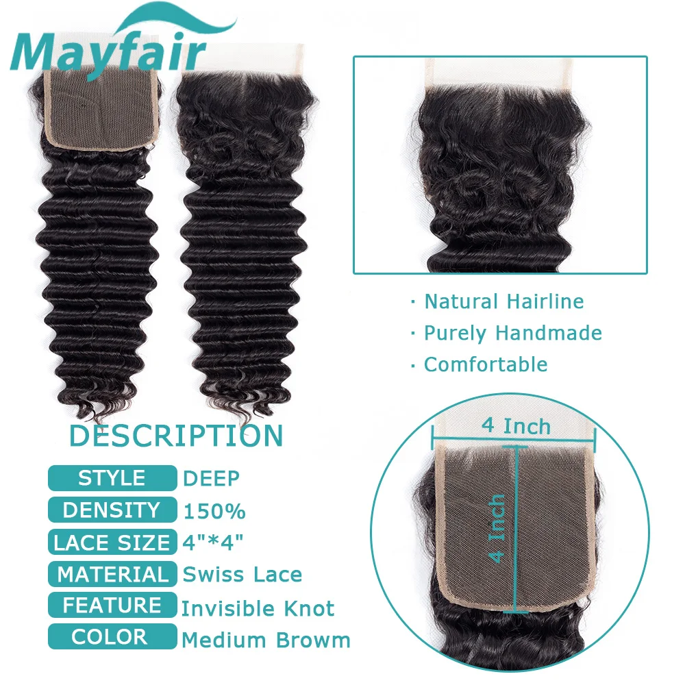 

Mayfair Brazilian Deep Wave Bundles With Closure 4*4 Natural Weave 3 Bundles For Black Women Non-Remy Hair Extension