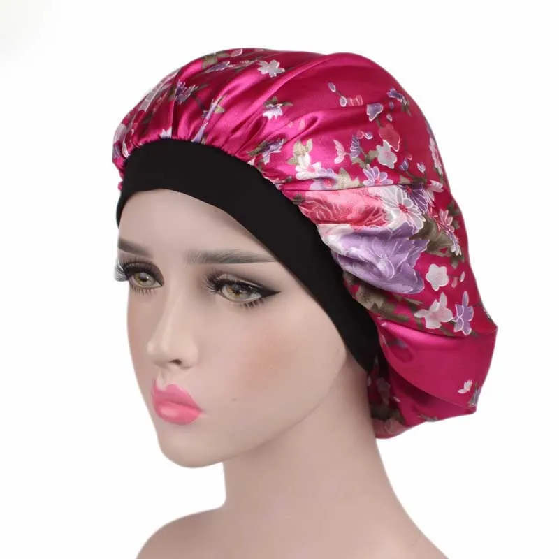 rosepink flower Атласная шапочка для женщин Уход за волосами ночные шапочки для сна атласная шляпка с цветком Кепка геометрические шелковые шапочки обертывание головы дамы Skullies мода - Цвет: rosepink flower