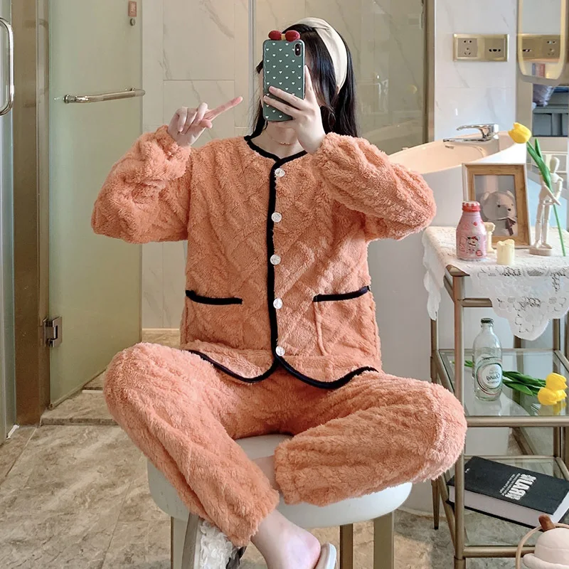 Sweet Pajamas Set Women Pink Pajamas Autumn Winter Flannel Casual Warm Round Neck Plus Velvet Thickening Cute Home Service