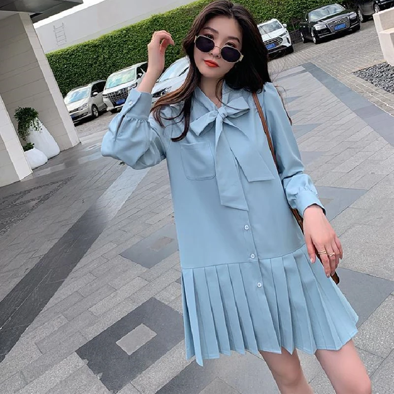 Pleated Shirt Dress Korean Female 2021 Summer One Piece Dress Women Long Sleeve Solid Bow Office Lady Elegant White Mini Dresses